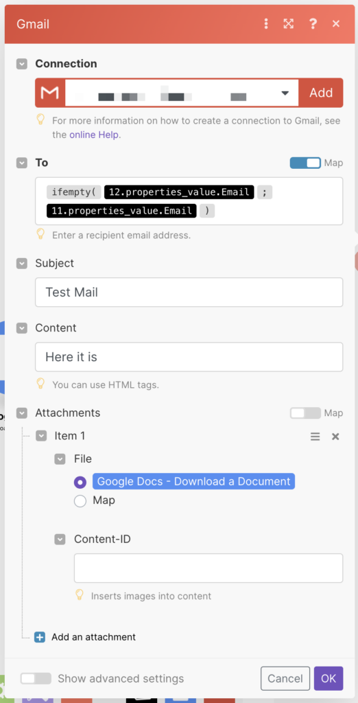 Send via gmail in Make