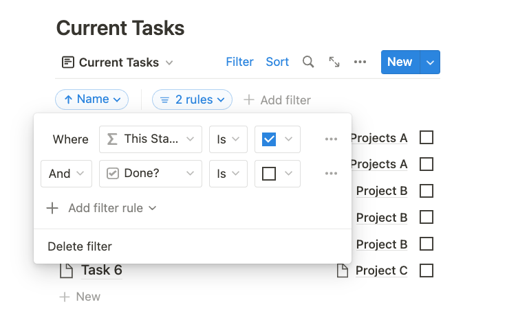How to show stage-dependant tasks in Notion