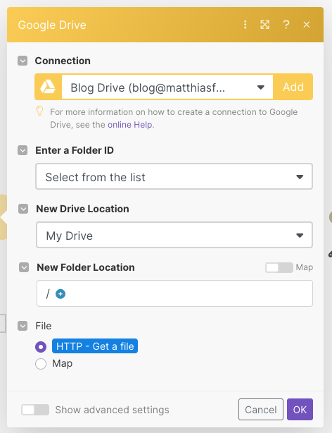 Upload a file to Google Drive using Make Automation