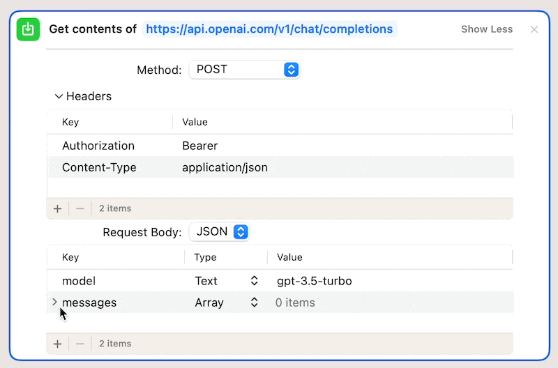 Send OpenAI API Request from Apple Shortcuts