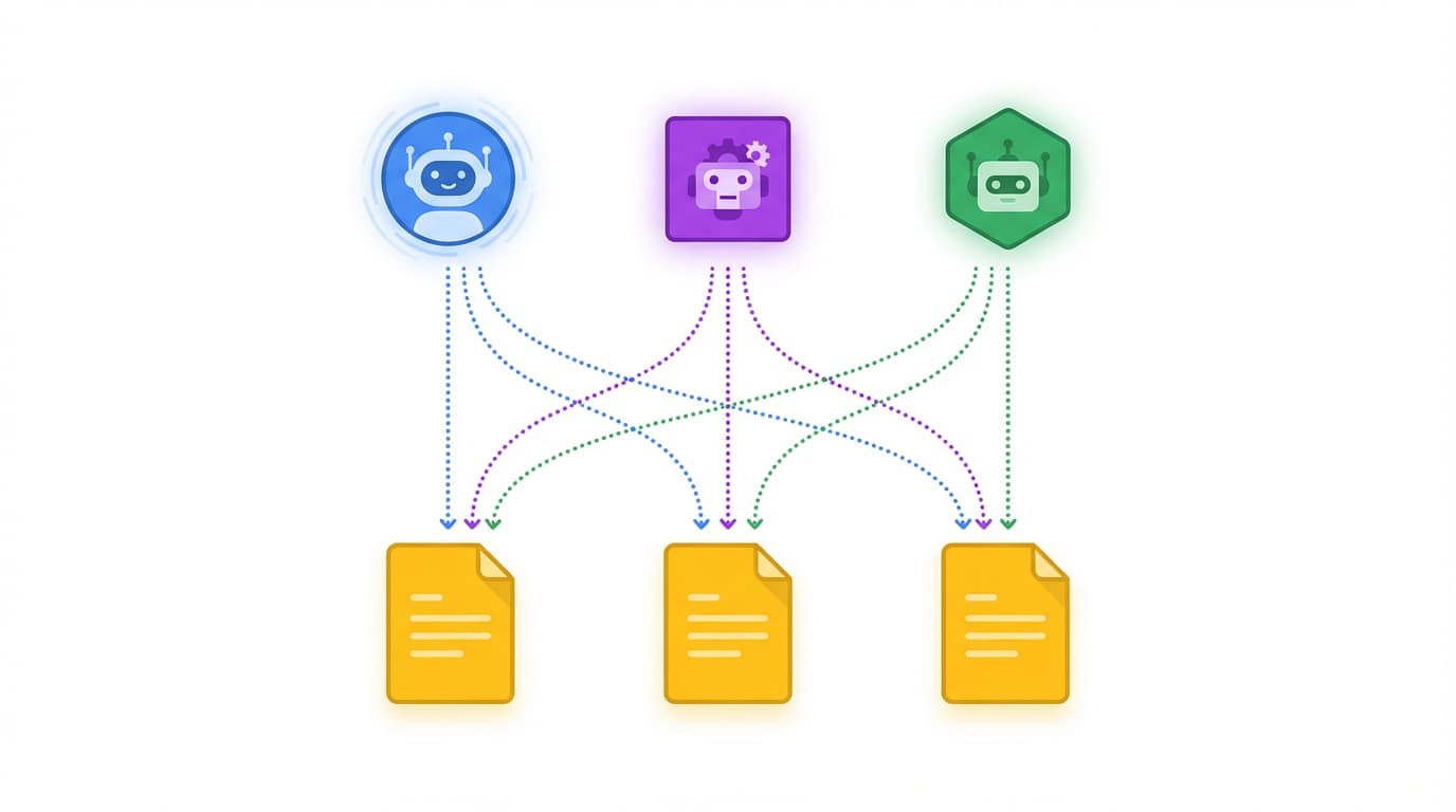 Three Notion Custom Agents referencing shared external instruction pages — update once, propagate everywhere