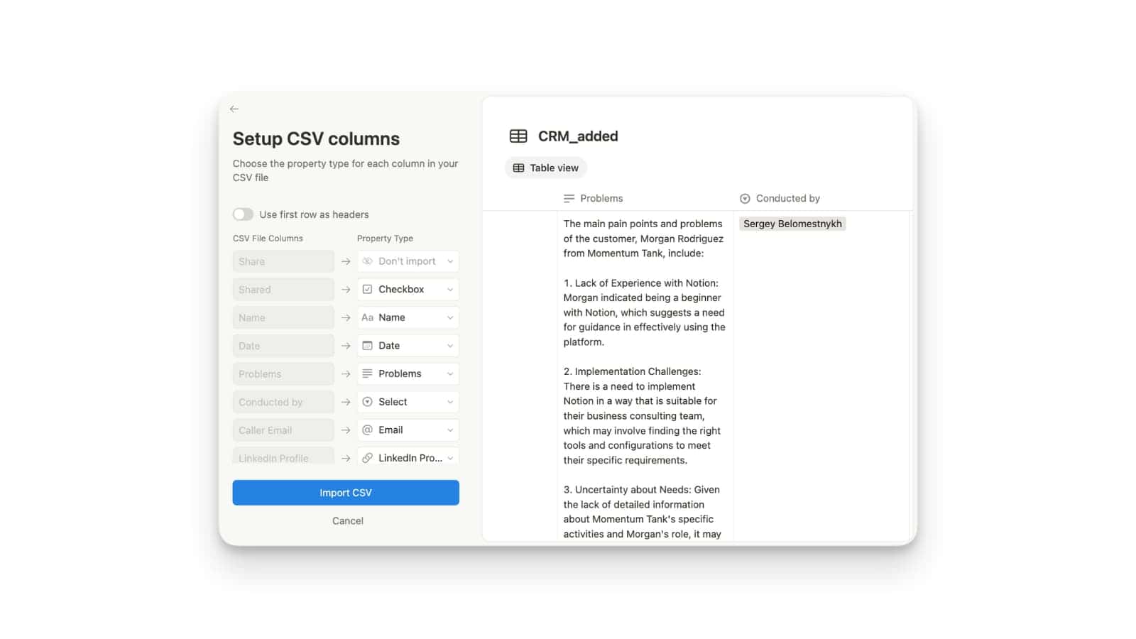 Preview Notion database fields when migrating CSV files