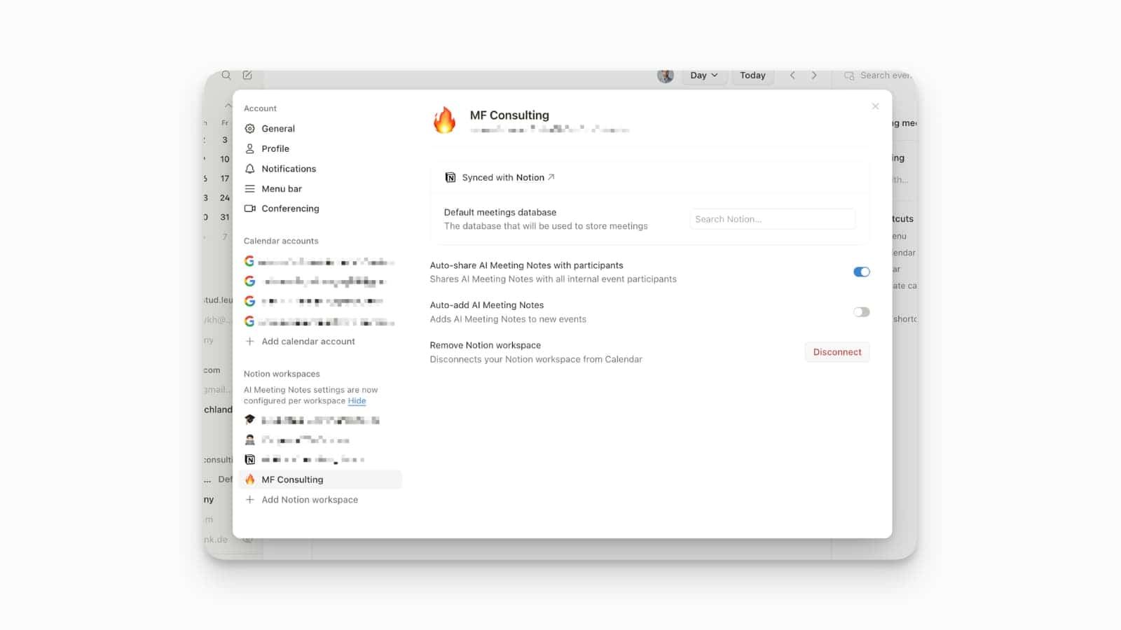 Notion Calendar set different meeting note databases per workspace