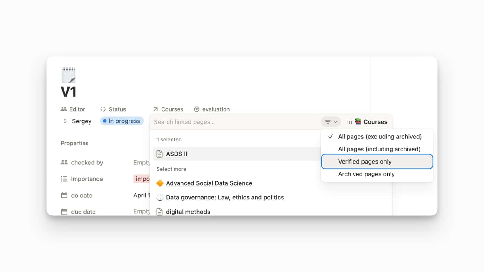 Notion database relational pages picker
