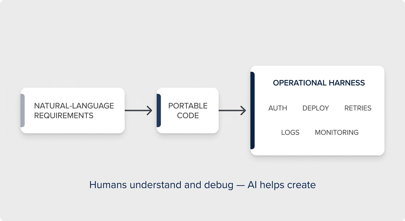 A future automation platform turns natural-language requirements into portable code wrapped in managed operational infrastructure.