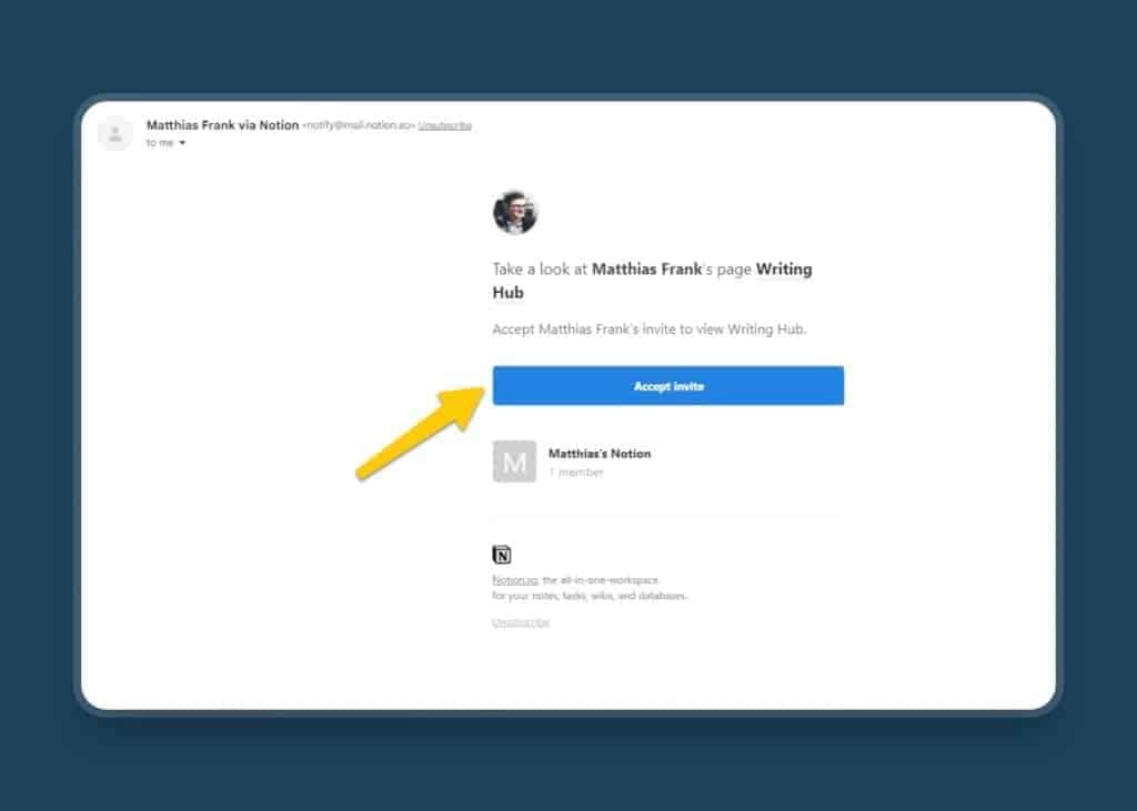 A Notion “accept invite” button in an email
