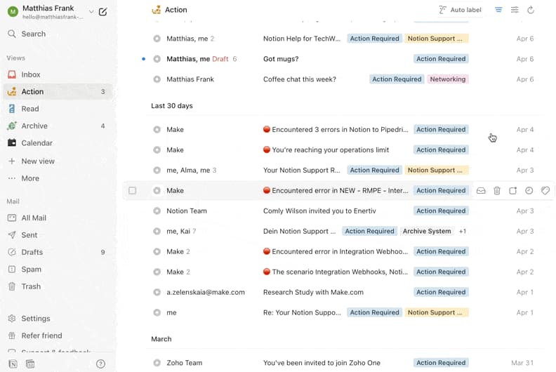 Animated screenshot of Notion Mail showing emails in the Action view and demonstrating hover actions