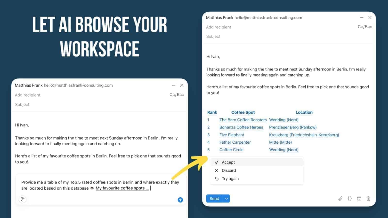 Notion Mail draft showing Notion AI inserting a table of coffee shop locations pulled from a connected Notion workspace