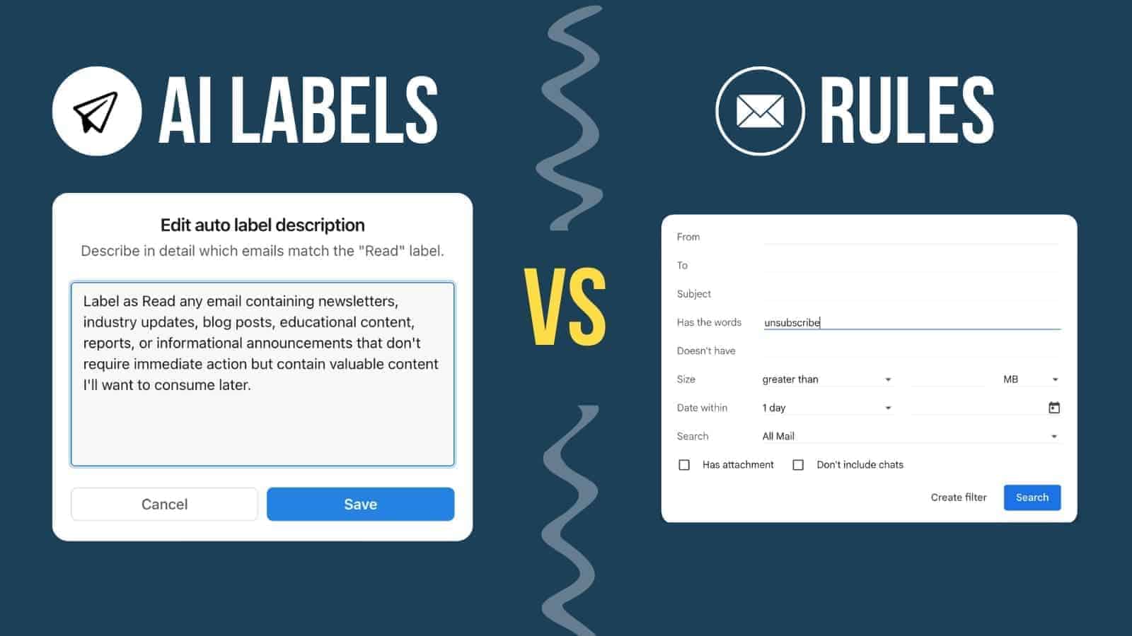 Comparison of Notion Mail AI labels and Rules used for email filtering