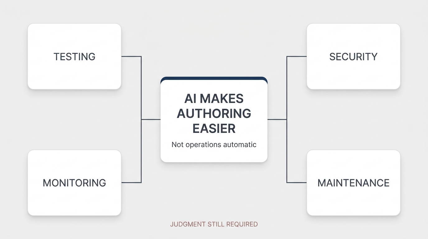 AI makes software authoring easier, while testing, security, monitoring and maintenance still require judgment.