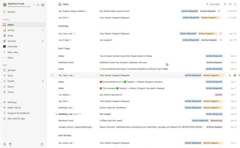 An image demonstrating Notion Mail with AI integration, which allows you to auto-label your incoming emails and correct AI responses for the future.