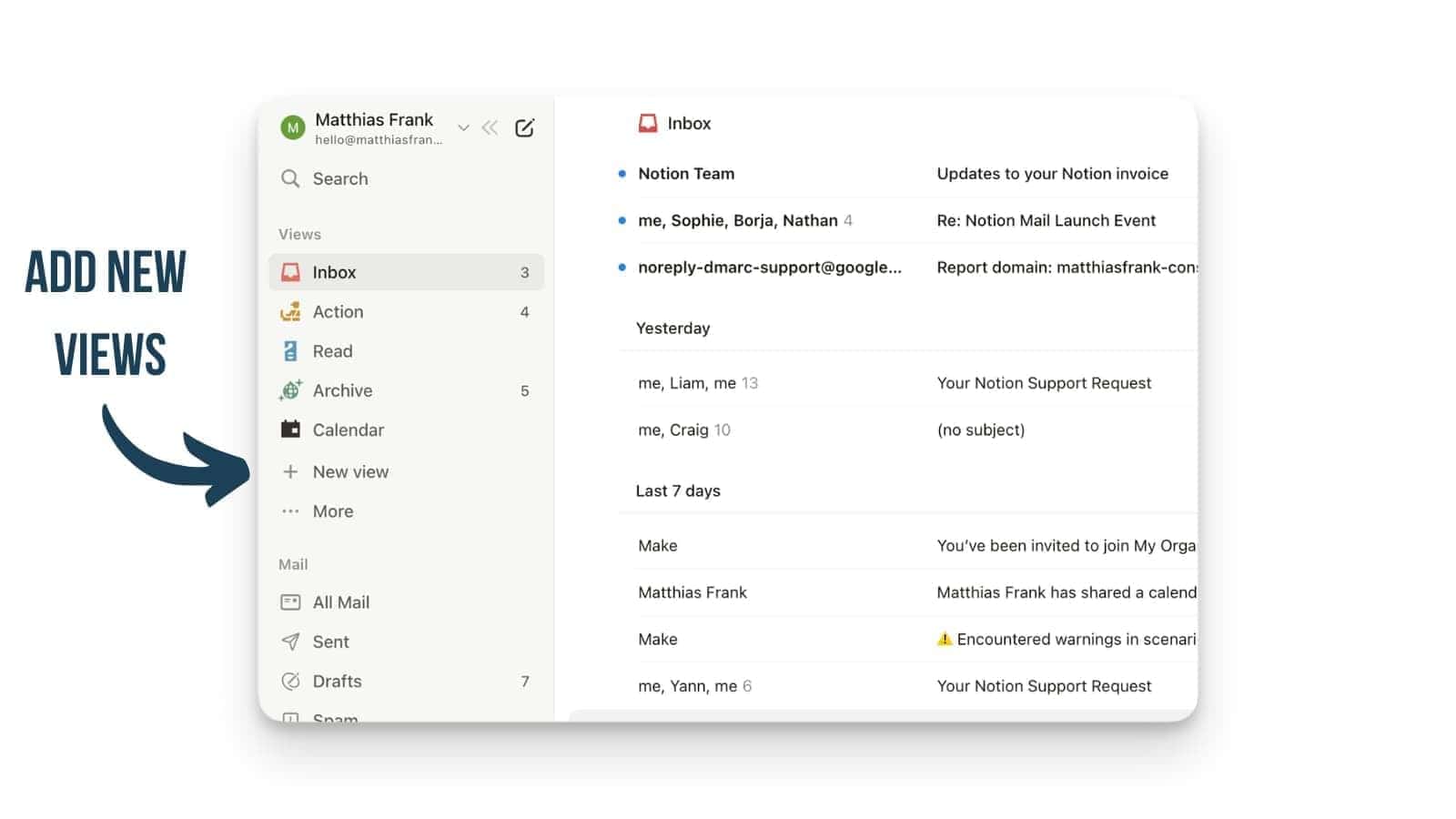 Screenshot of Notion Mail showing the sidebar with Inbox, Action, Read, Archive, and Calendar views
