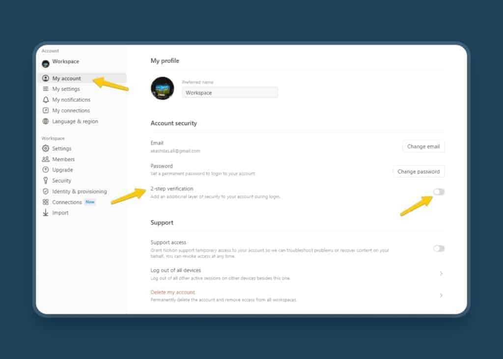A screenshot of enabling 2FA to increase Notion security
