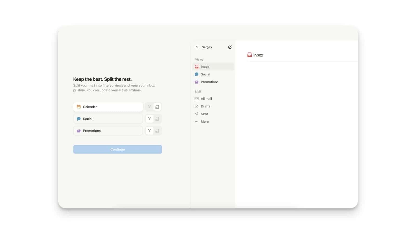 Annotated screenshot of the Notion Mail interface showing the sidebar navigation, TARA views, top bar controls, and the central inbox with email previews