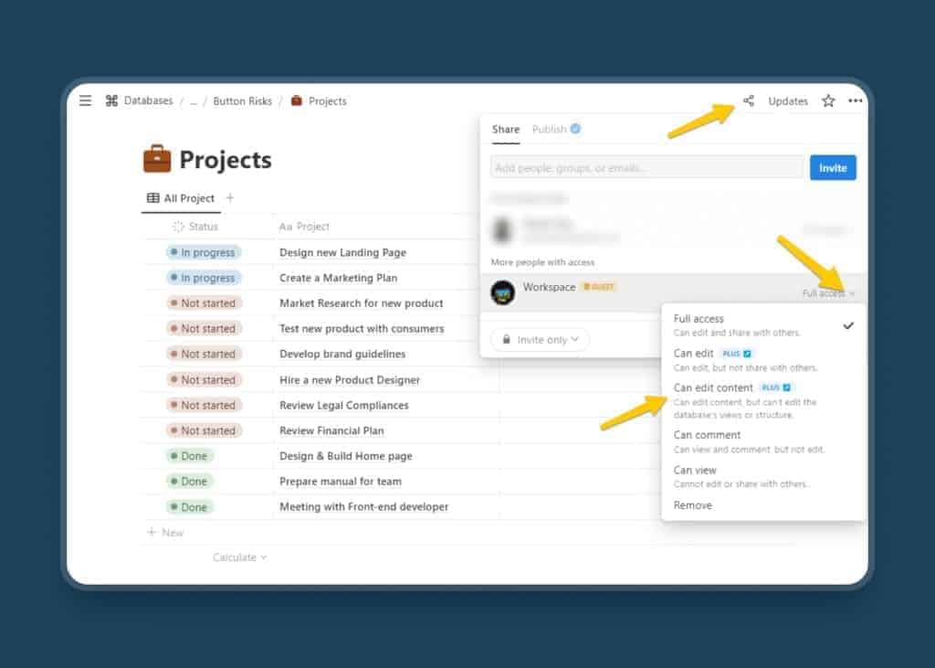 A screenshot showing how to manage access settings for more security in Notion