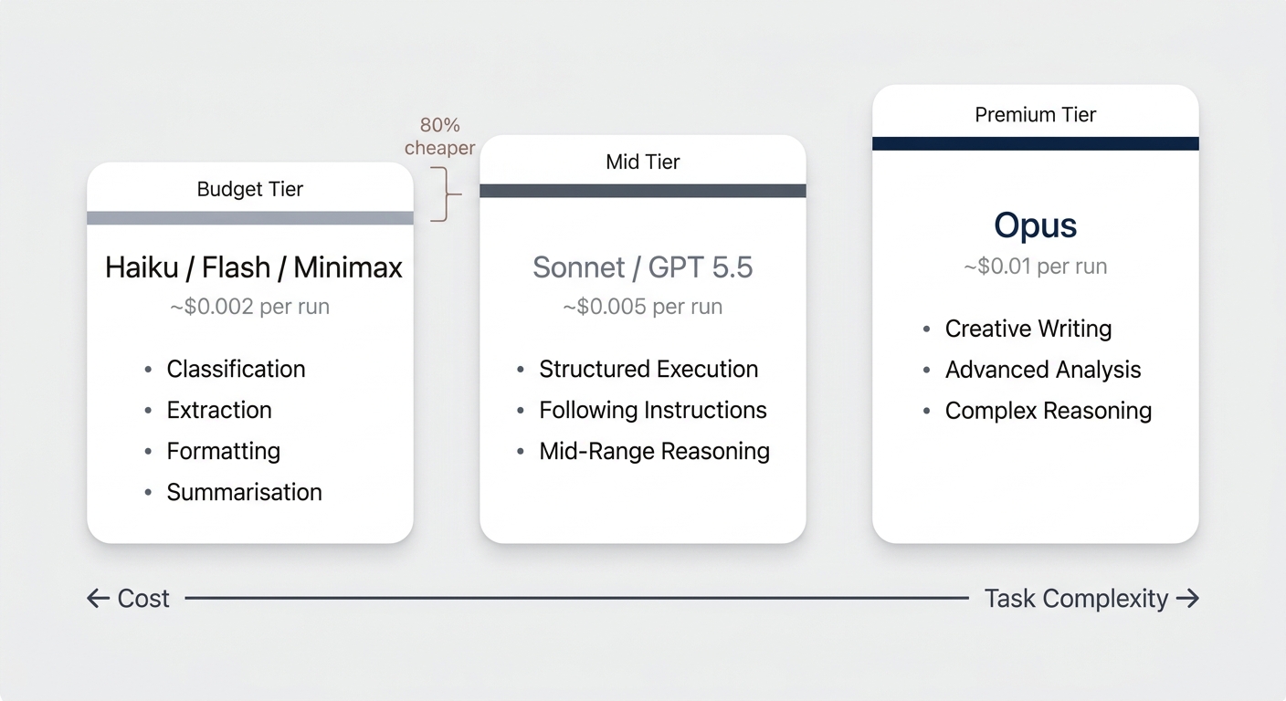 Model Selection Spectrum — Budget, Mid, and Premium tiers mapped to task complexity and cost