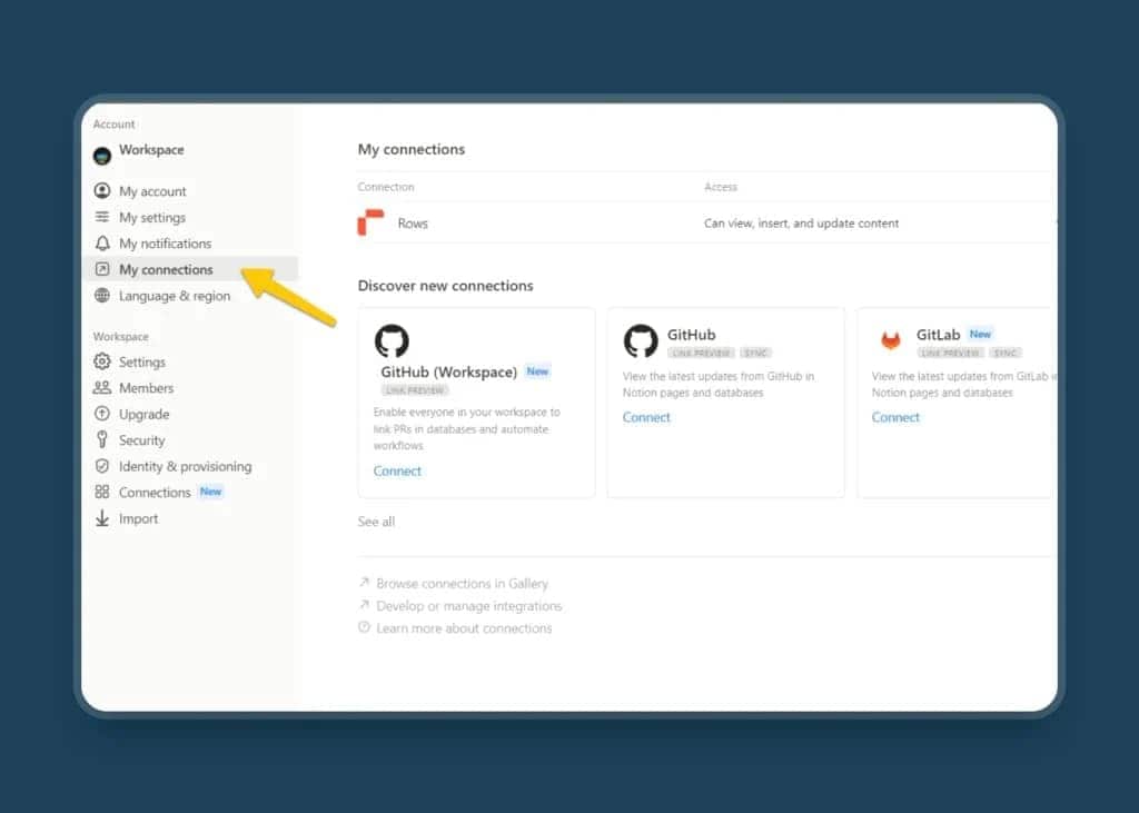 A screenshot of “my connections” tab in Notion