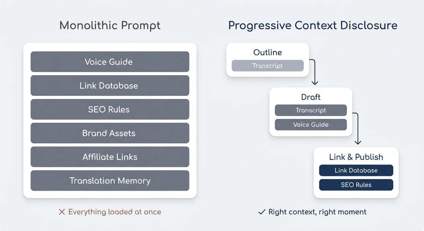 Progressive Context Disclosure — loading only the right context at the right moment vs. a monolithic prompt