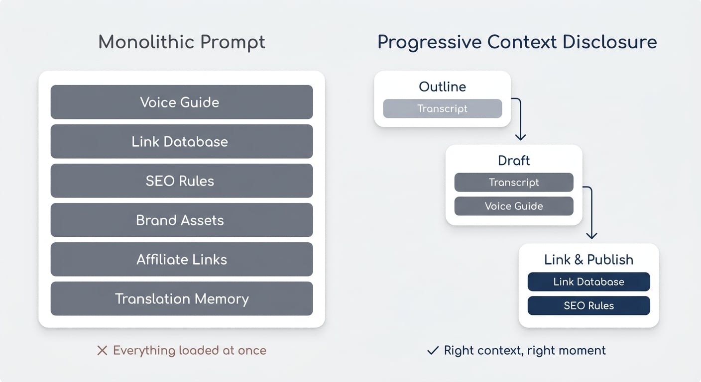 Progressive Context Disclosure — loading only the right context at the right moment vs. a monolithic prompt