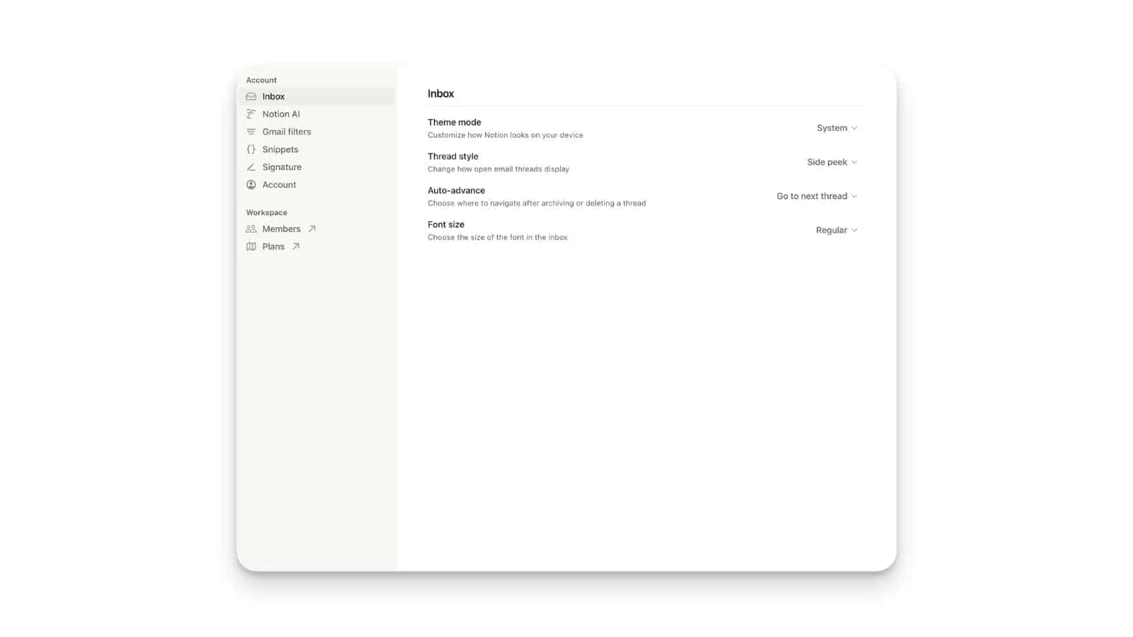 Screenshot of Notion Mail settings showing options for theme mode, thread style, auto-advance behaviour, and font size inside the inbox settings panel
