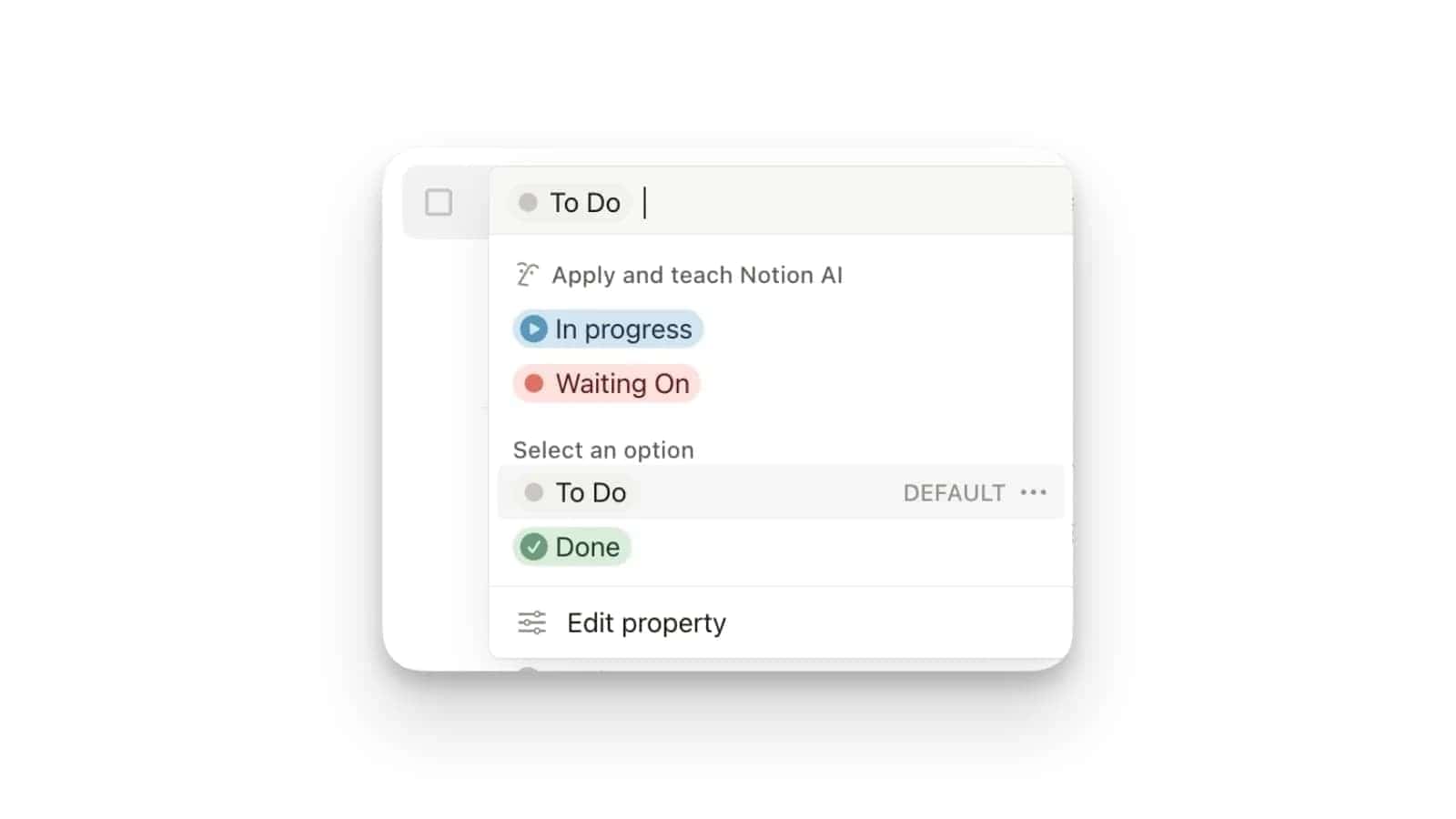 Screenshot of a Notion Mail status menu showing To Do, In Progress, Waiting On, and Done options