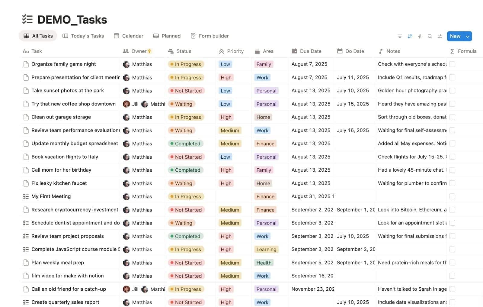 table view database in Notion