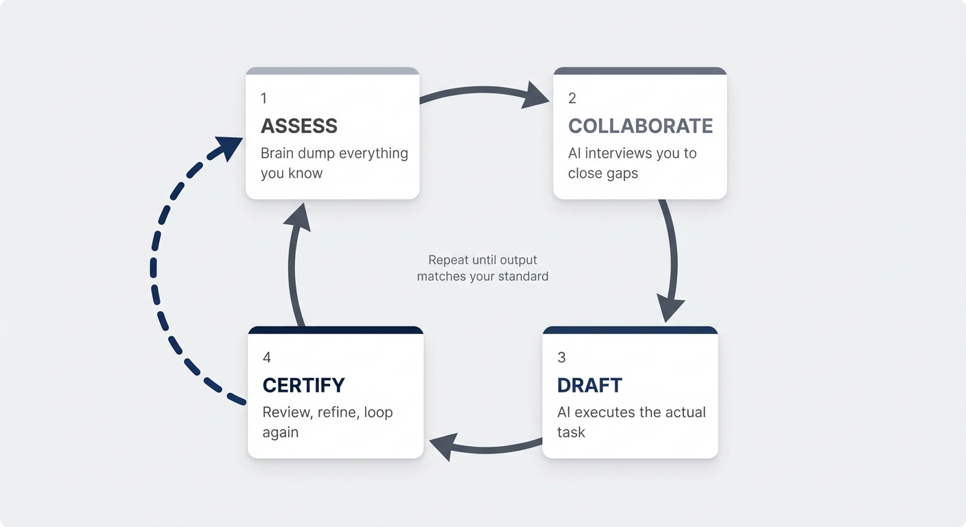 The AC/DC Framework — a four-step iterative loop: Assess, Collaborate, Draft, Certify