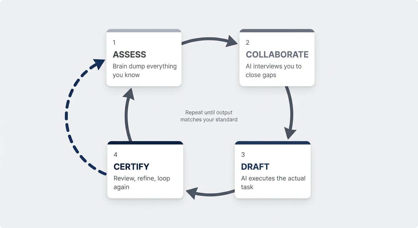The AC/DC Framework — a four-step iterative loop: Assess, Collaborate, Draft, Certify