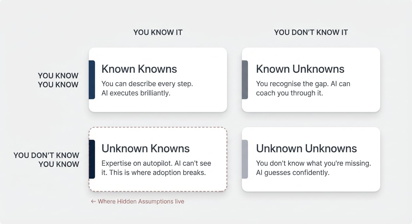 The knowledge 2×2 — Known Knowns, Known Unknowns, Unknown Unknowns, and Unknown Knowns. The critical quadrant is where hidden assumptions live.