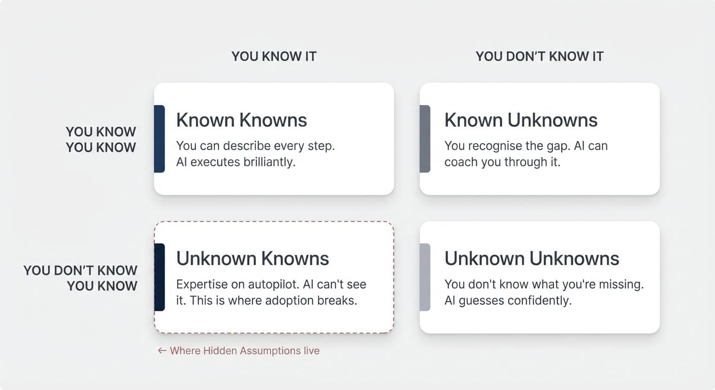 The knowledge 2×2 — Known Knowns, Known Unknowns, Unknown Unknowns, and Unknown Knowns. The critical quadrant is where hidden assumptions live.