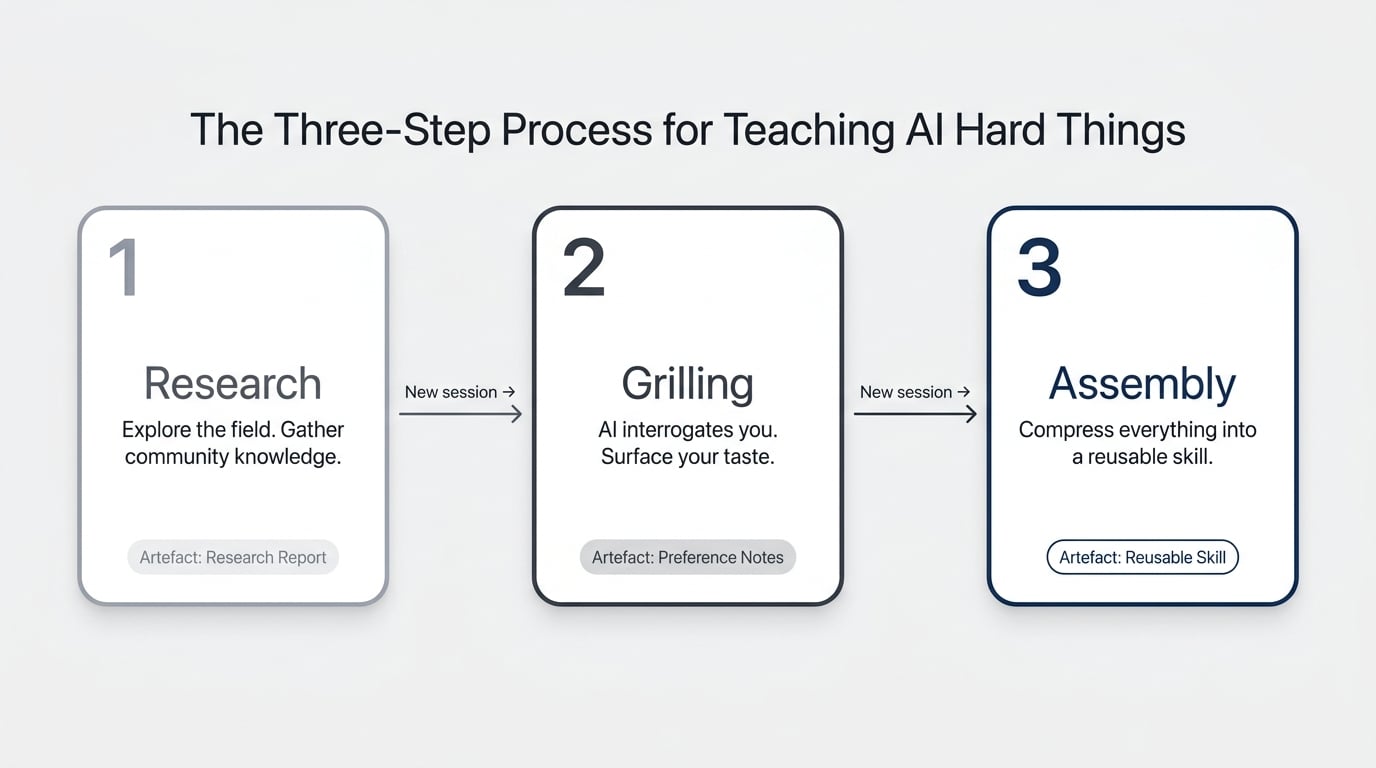 The three-step process for teaching AI hard things — Research, Grilling, Assembly