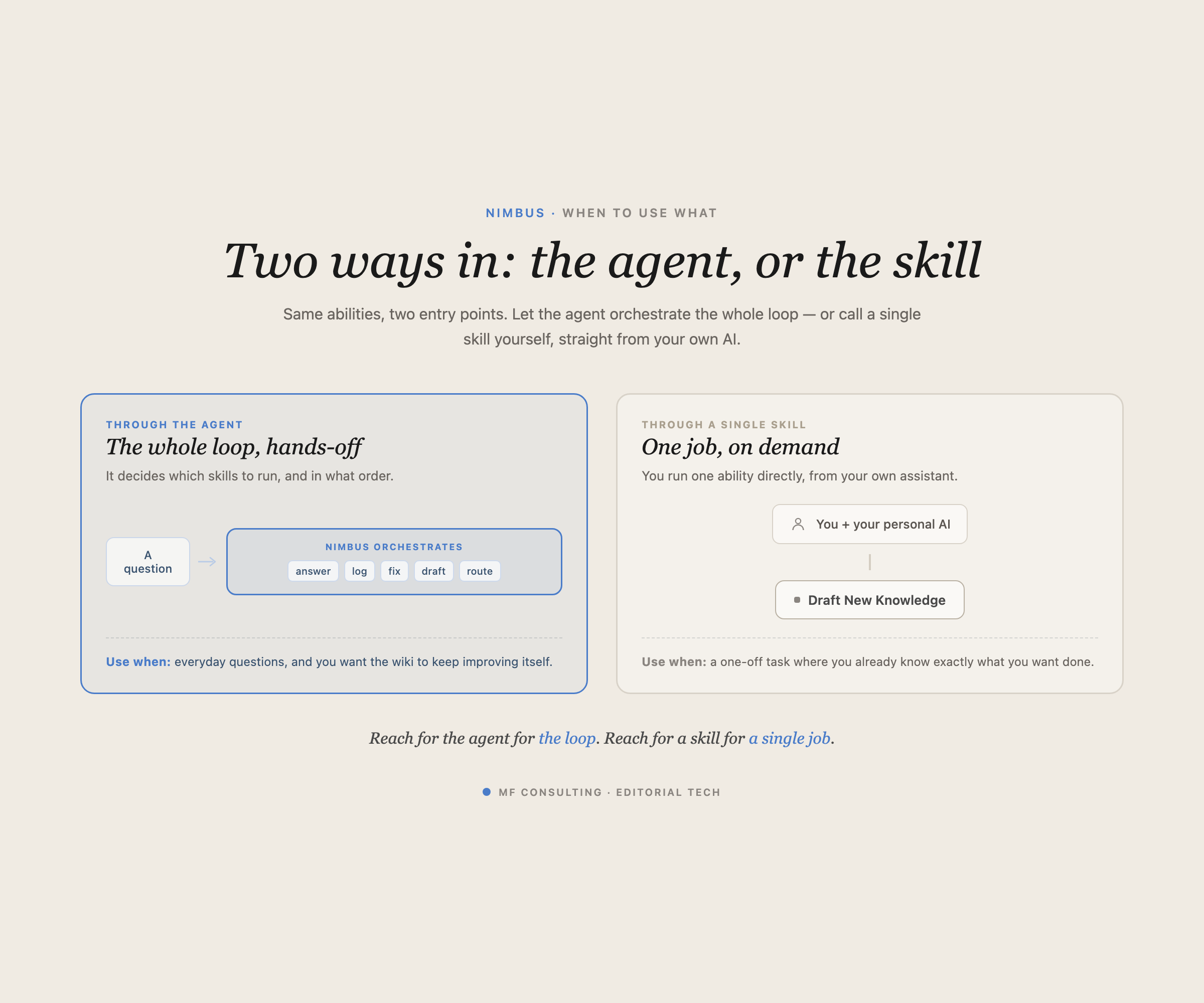 Two ways in: let the agent run the whole loop, or call a single skill yourself.