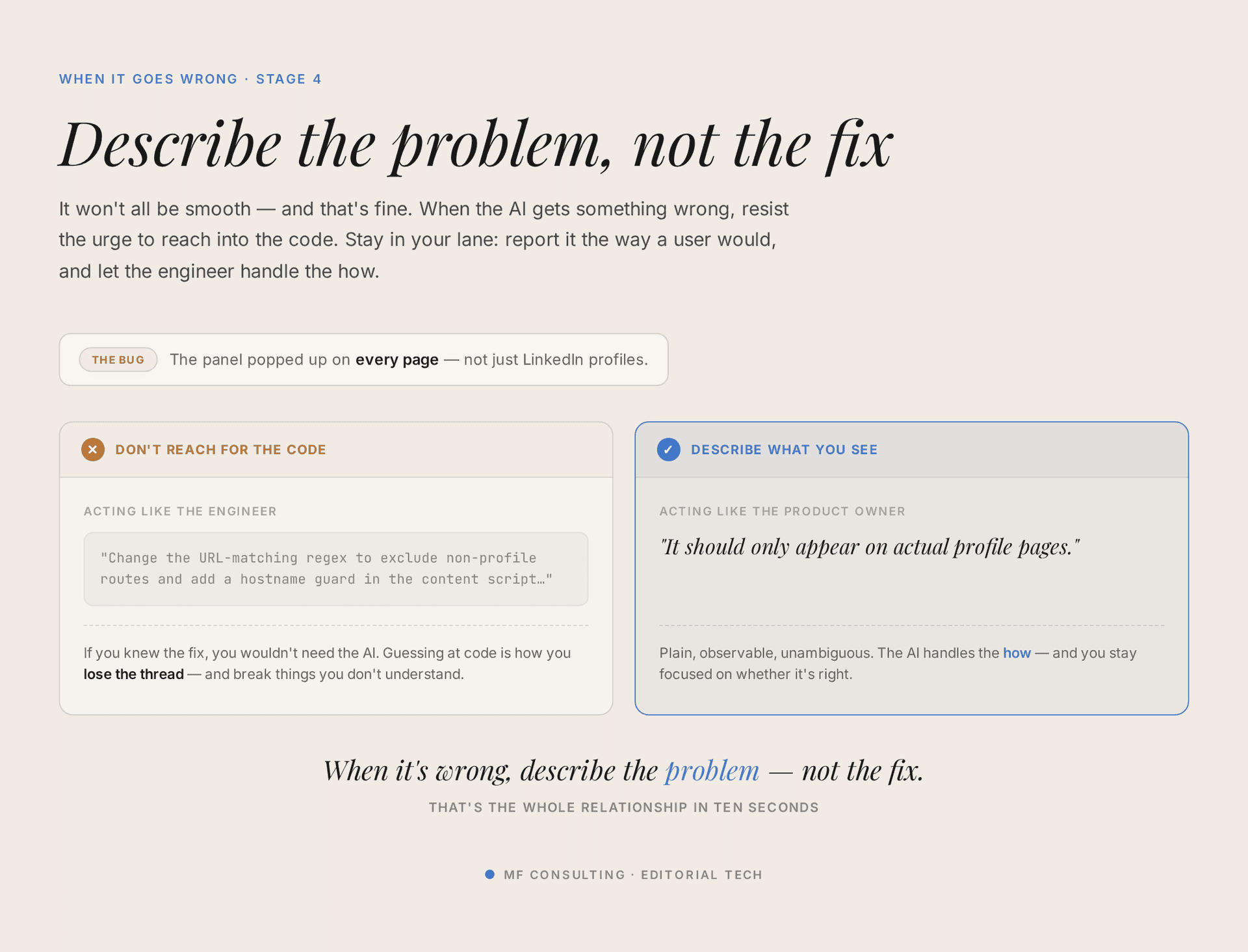 When it's wrong, describe the problem, not the fix: report what you see as a user and let the AI handle the how